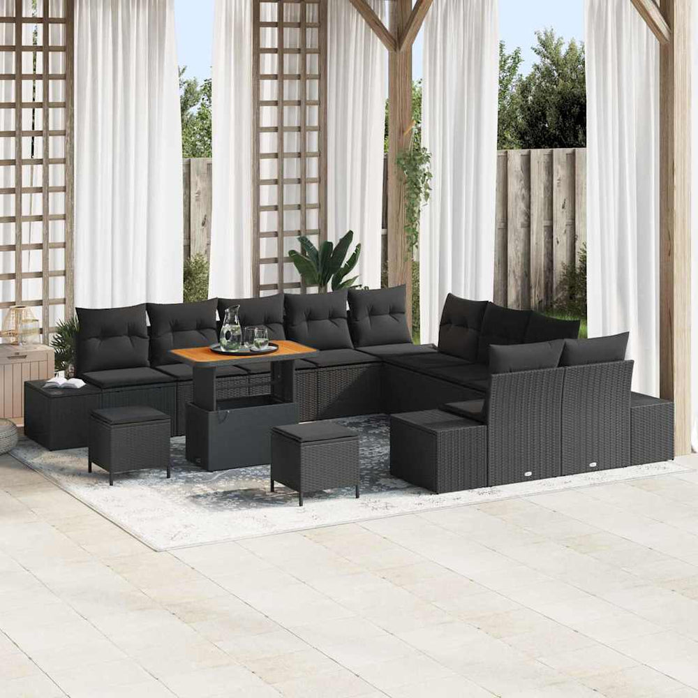 13 dalių Sodo Sofa Rinkinys su Pagalvėlėmis Juodas Poli Ratanas Akacija