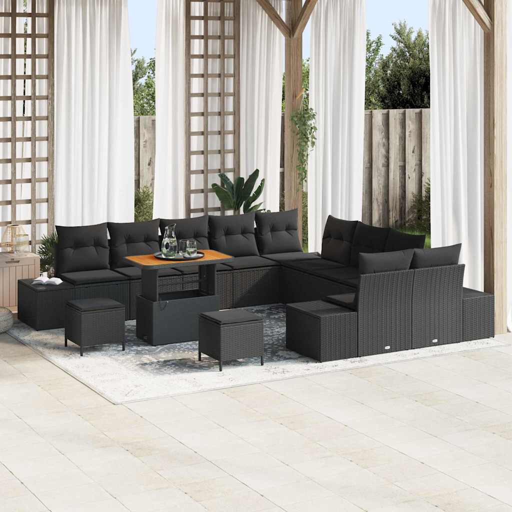 13 dalių Sodo Sofa Rinkinys su Pagalvėlėmis Juodas Poli Ratanas Akacija