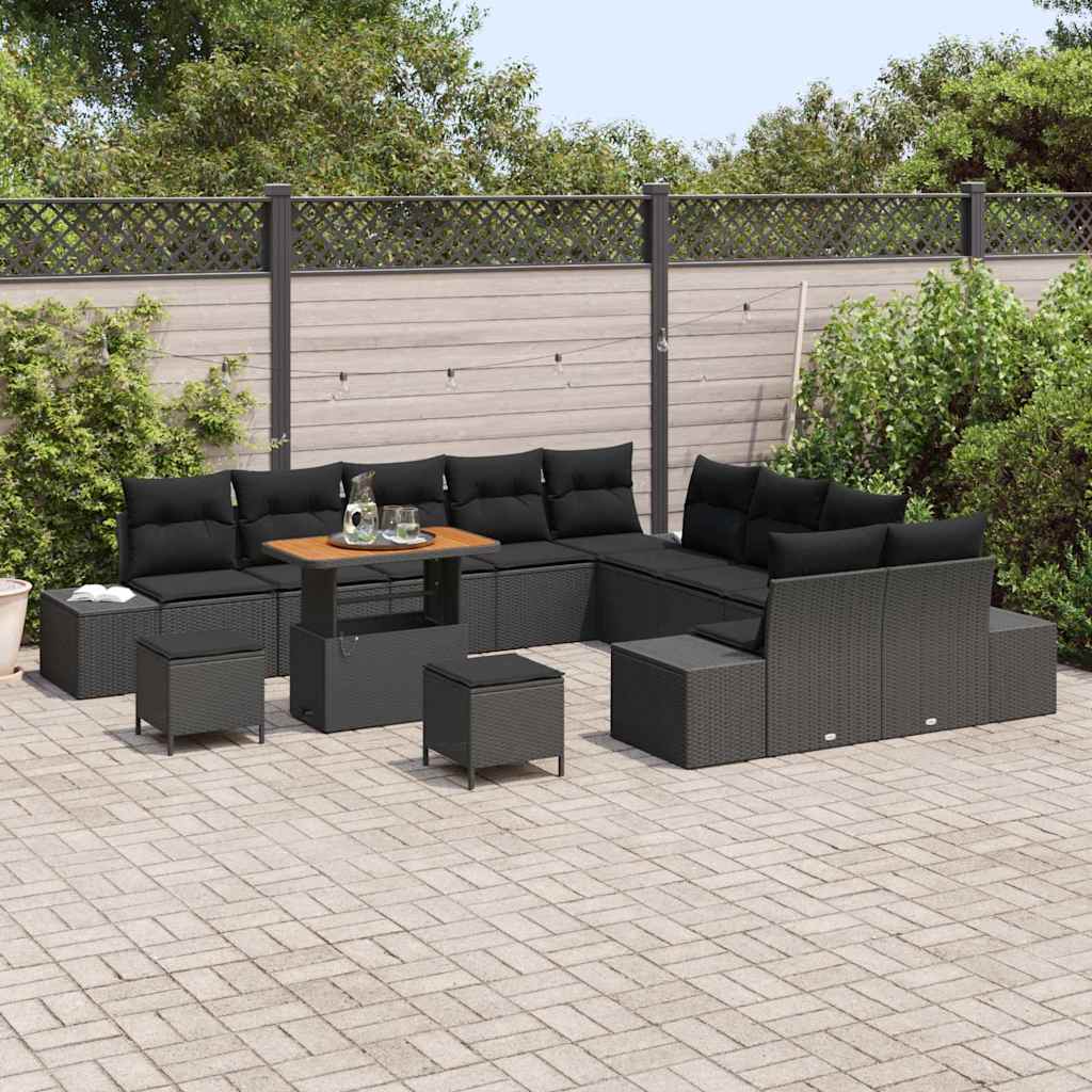 13 dalių Sodo Sofa Rinkinys su Pagalvėlėmis Juodas Poli Ratanas Akacija