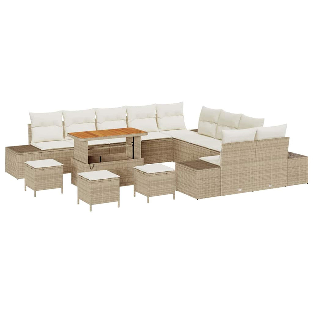 14 dalių sodo sofa komplektas su pagalvėmis, smėlio poli ratanas, akacija