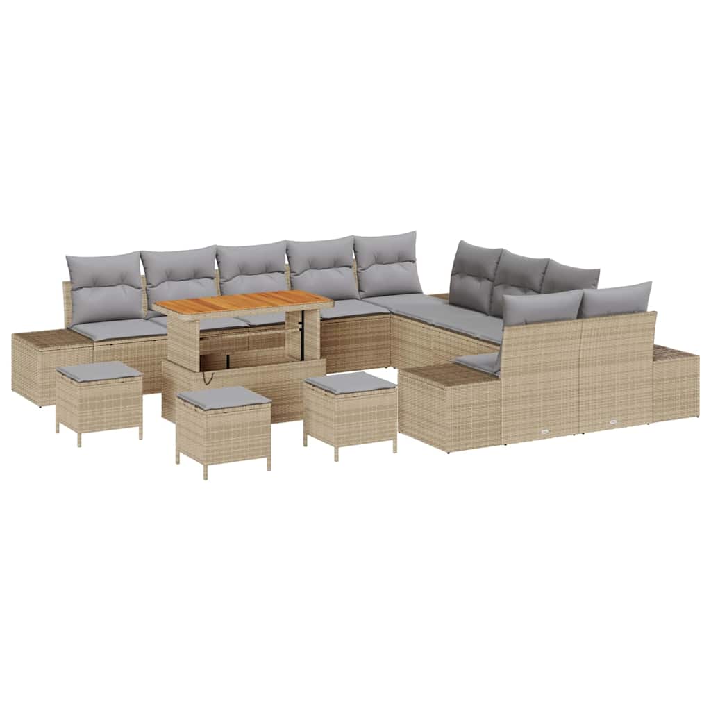 14 vienetų sodo sofa komplektas su pagalvėmis, smėlio, poli ratanas, akacijos