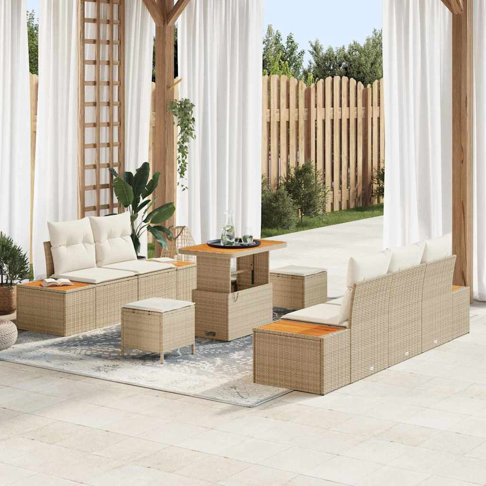 8 dalių sodo sofa komplektas su pagalvėmis Kreminė poli ratanas akacija