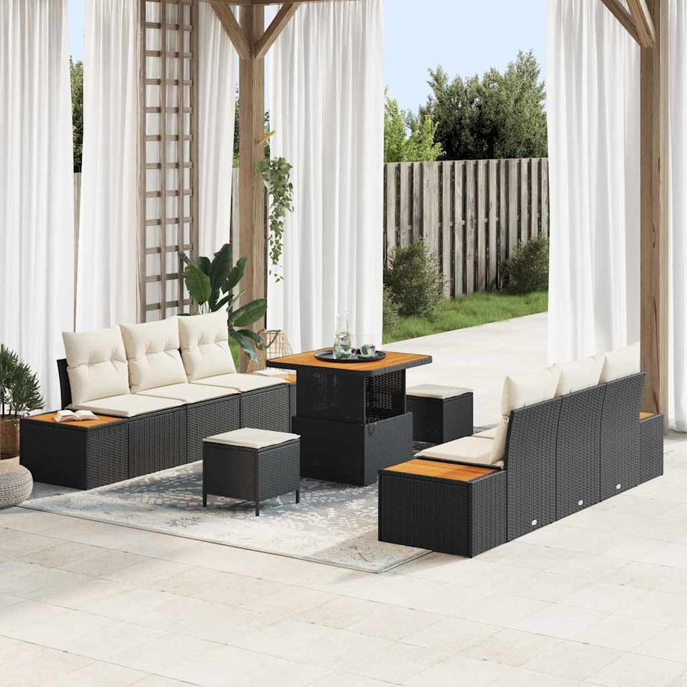9 Dalių Sodo Sofa Komplektas su Pagalvėmis Juodas Poli Ratanas Akacija