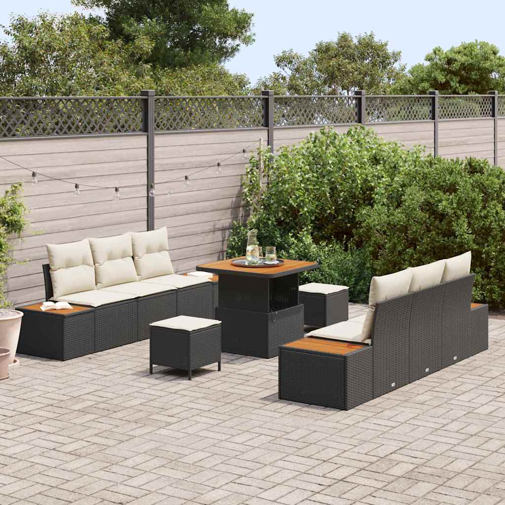 9 Dalių Sodo Sofa Komplektas su Pagalvėmis Juodas Poli Ratanas Akacija