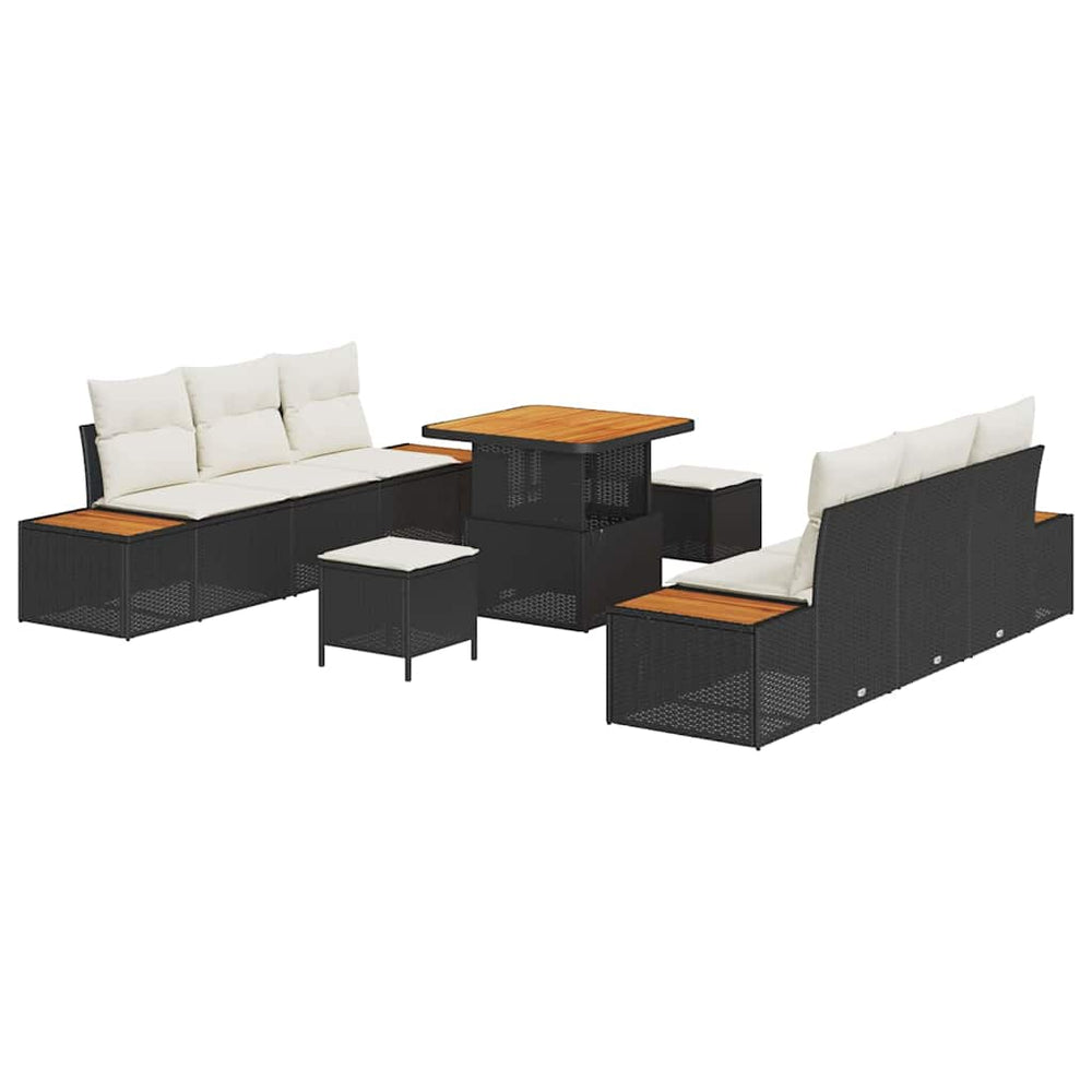 9 Dalių Sodo Sofa Komplektas su Pagalvėmis Juodas Poli Ratanas Akacija