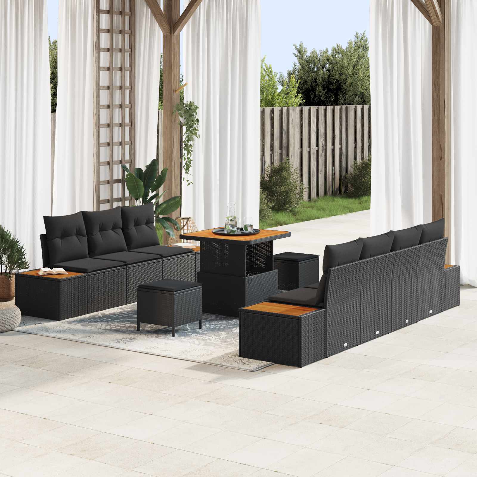 10-piece Garden Sofa Set with Cushions Black Poly Rattan Acacia