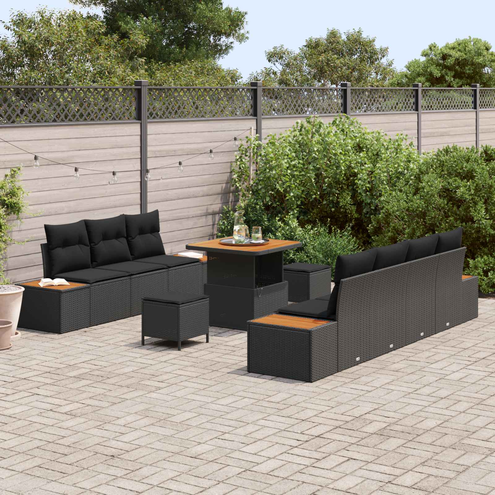 10-piece Garden Sofa Set with Cushions Black Poly Rattan Acacia