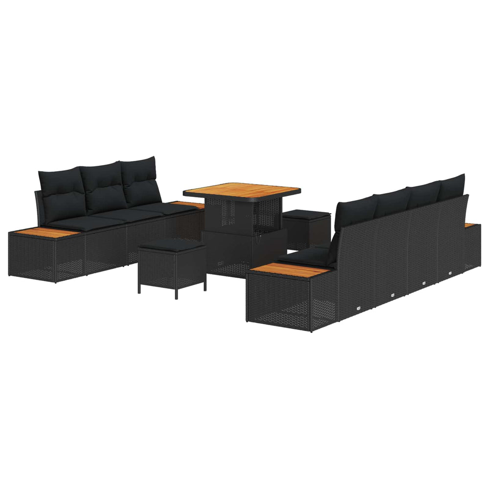 10-piece Garden Sofa Set with Cushions Black Poly Rattan Acacia