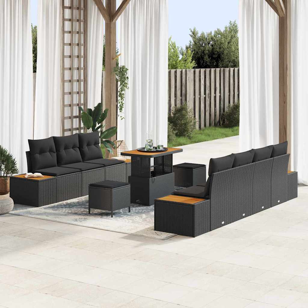 10 dalių sodo sofa rinkinys su pagalvėlėmis Juoda Poli Ratanas Akacijos