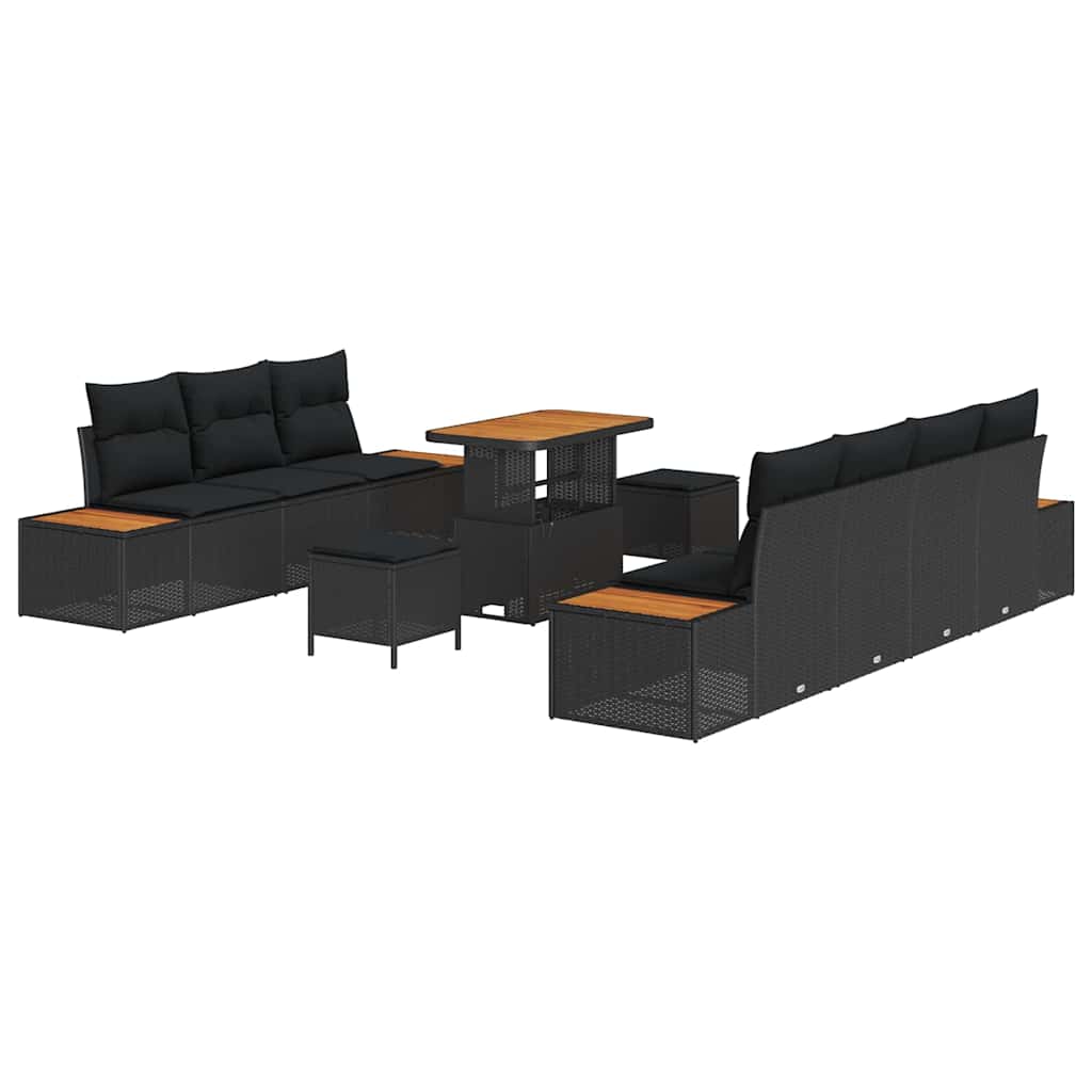 10 dalių sodo sofa rinkinys su pagalvėlėmis Juoda Poli Ratanas Akacijos