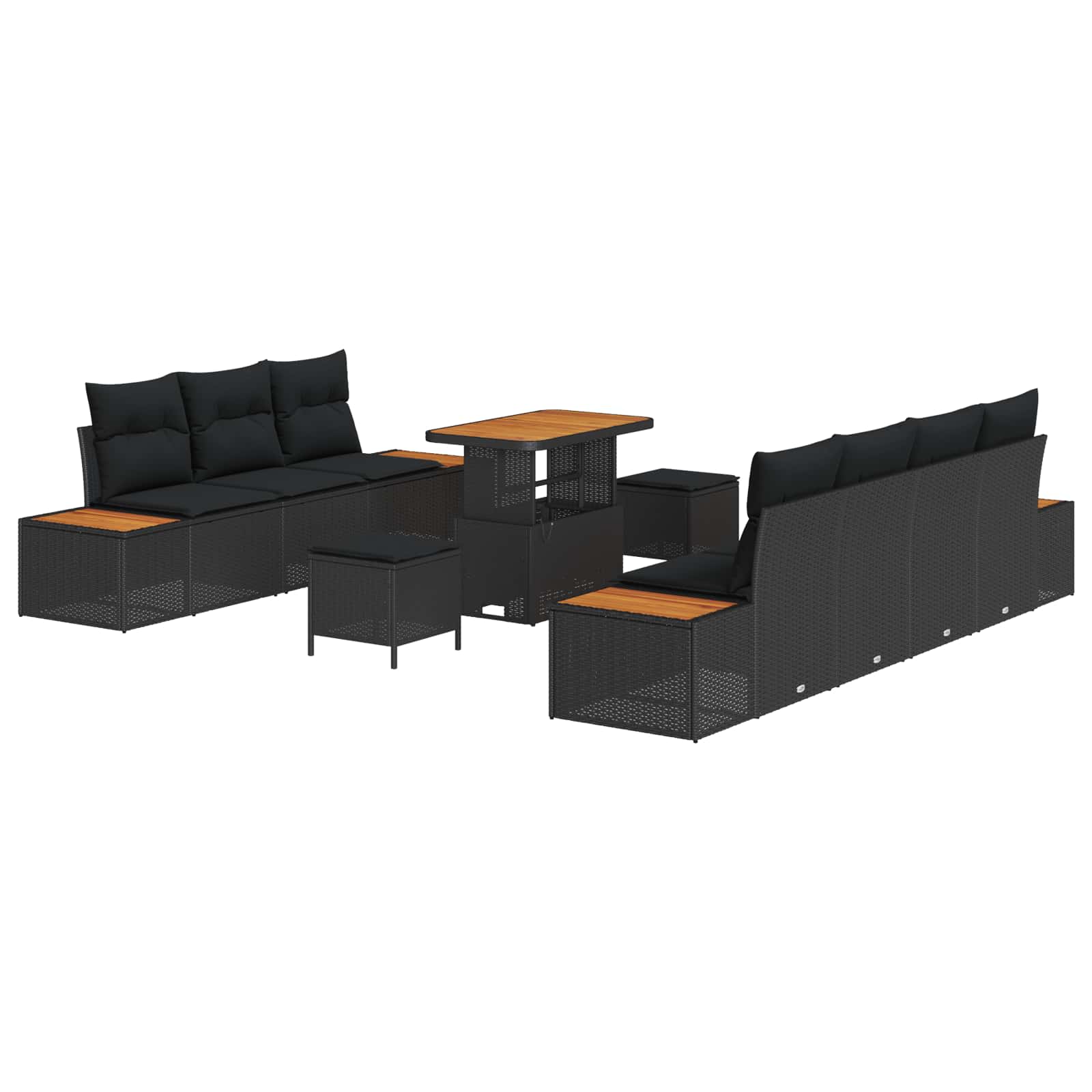 10 dalių sodo sofa rinkinys su pagalvėlėmis Juoda Poli Ratanas Akacijos