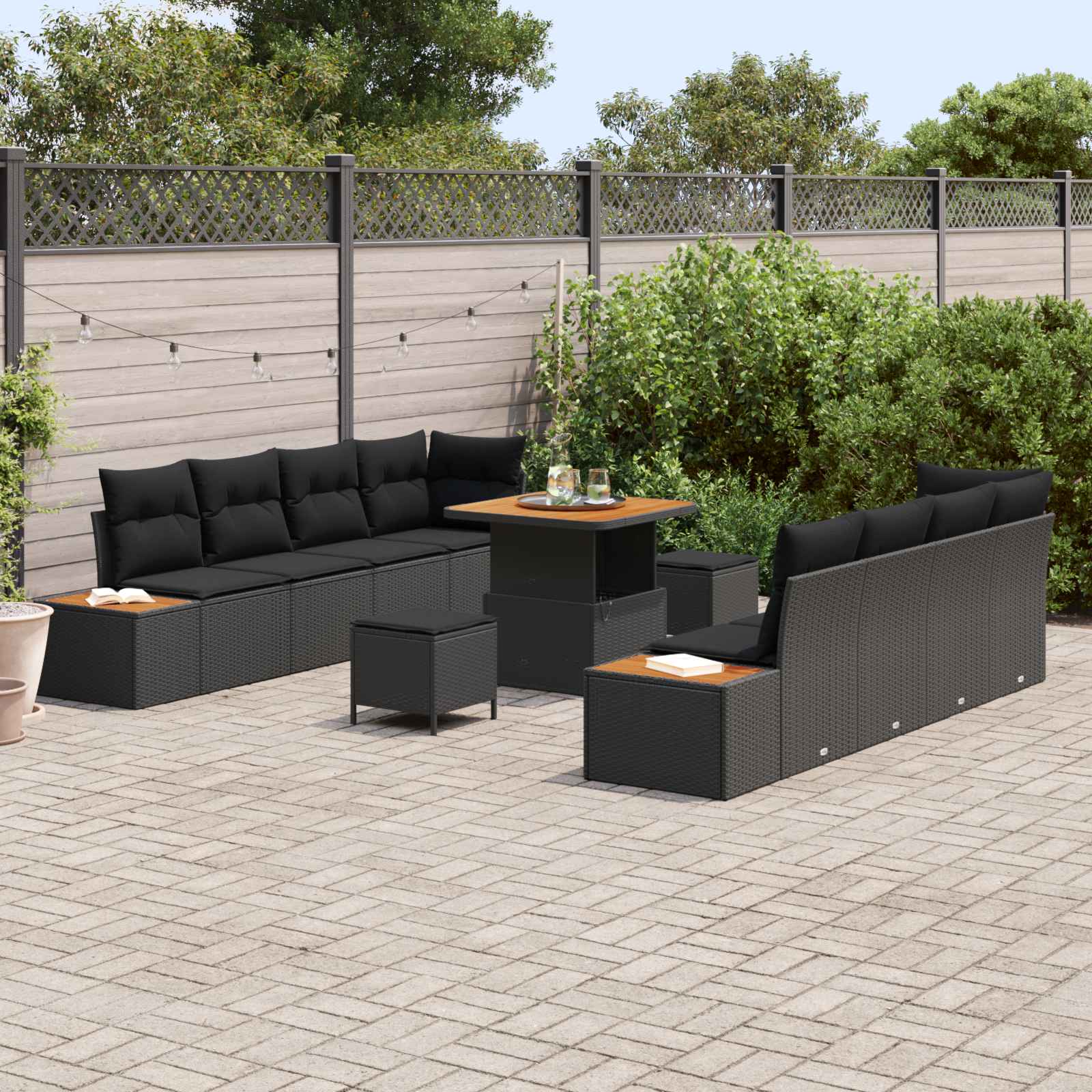 11-piece garden sofa set with cushions black poly rattan acacia