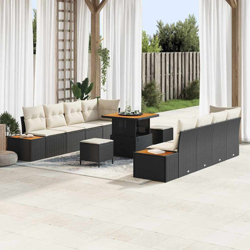 11 Dalių Sodo Sofa Rinkinys su Pagalvėlėmis Juodas Poli Ratanas Akacija