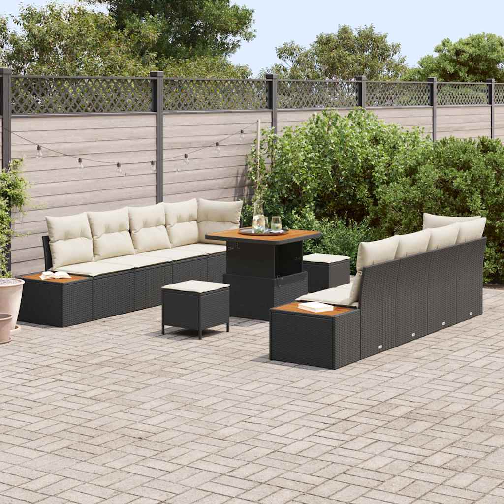 11 Dalių Sodo Sofa Rinkinys su Pagalvėlėmis Juodas Poli Ratanas Akacija
