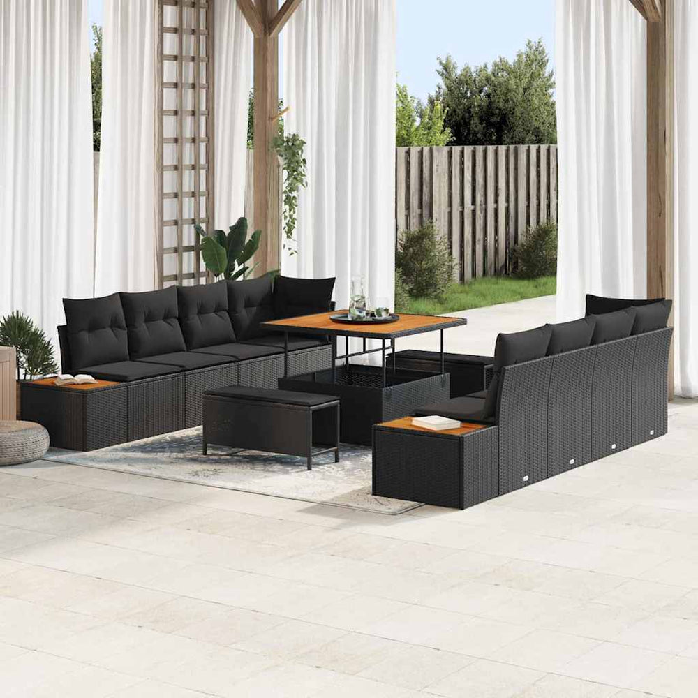11 dalių sodo sofa rinkinys su pagalvėmis juodas poli ratanas akacijos