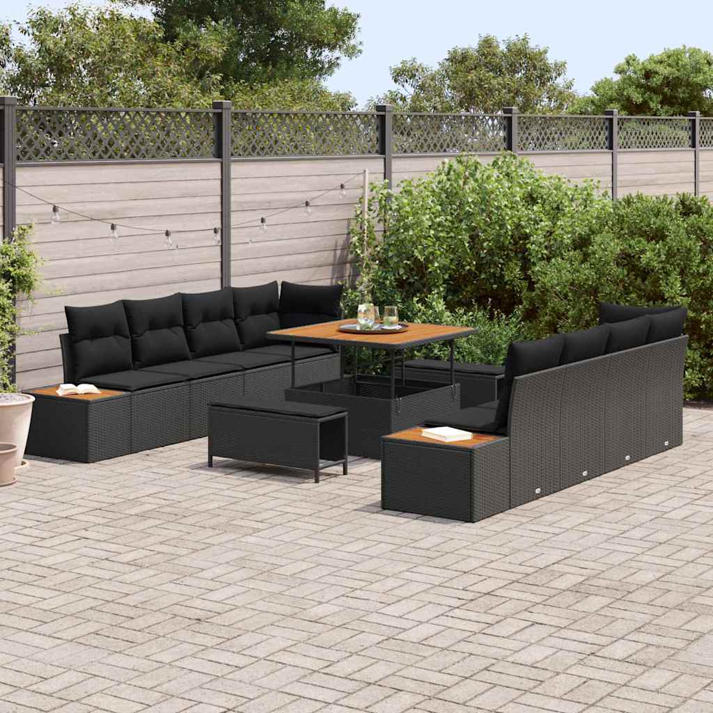 11 dalių sodo sofa rinkinys su pagalvėmis juodas poli ratanas akacijos