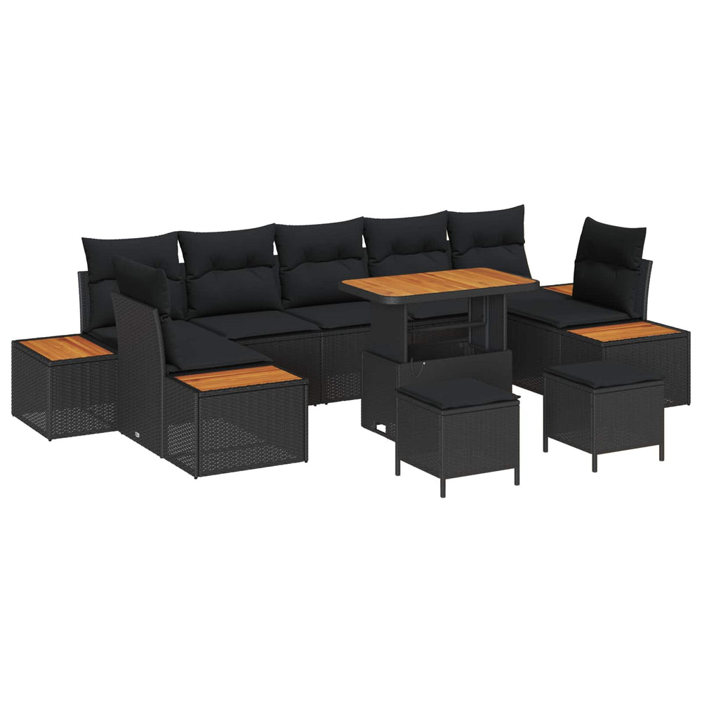 10-Piece Garden Sofa Set with Cushions Black Poly Rattan Acacia
