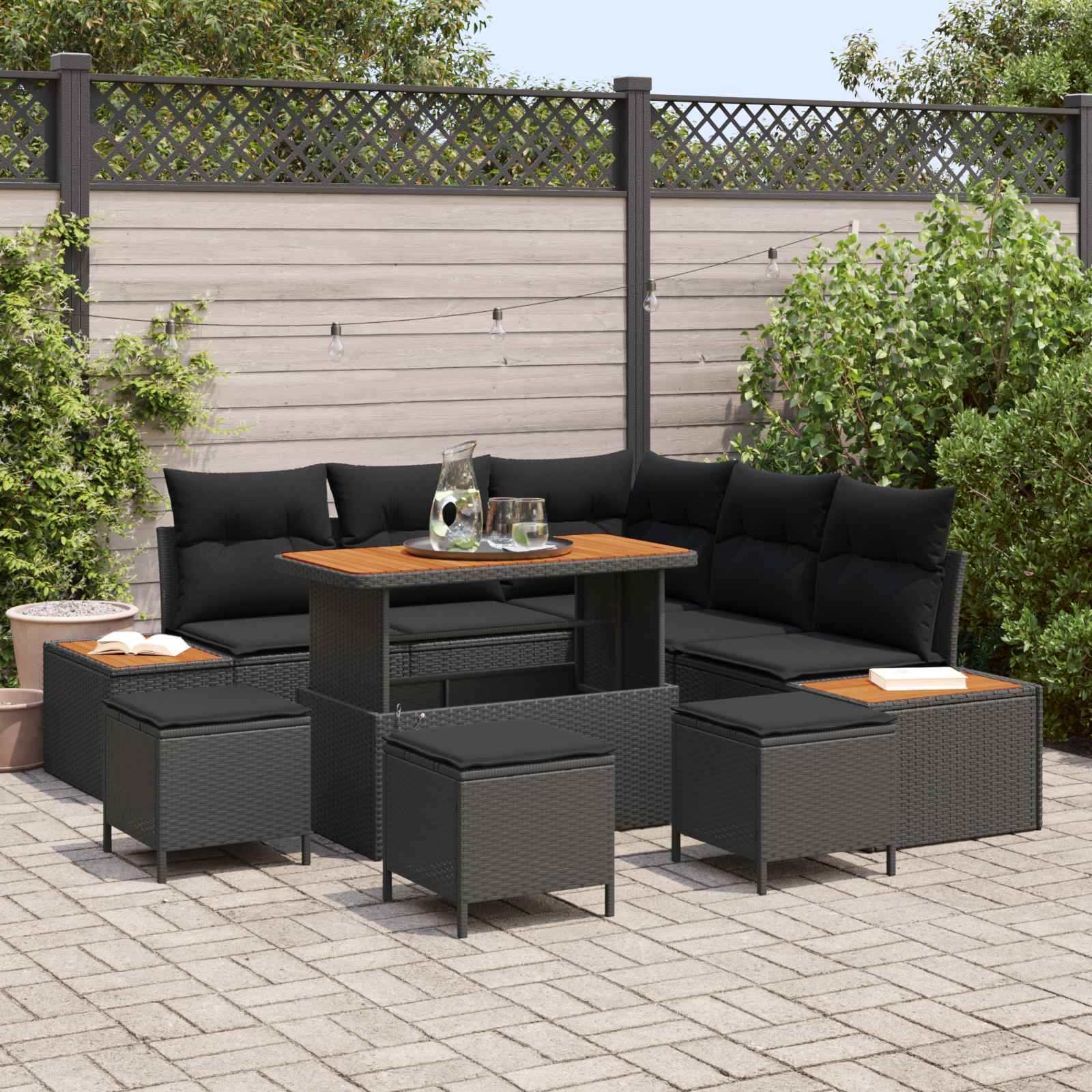 Sodo Sofų Rinkinys su pagalve 9 pcs Juoda Poli ratanas