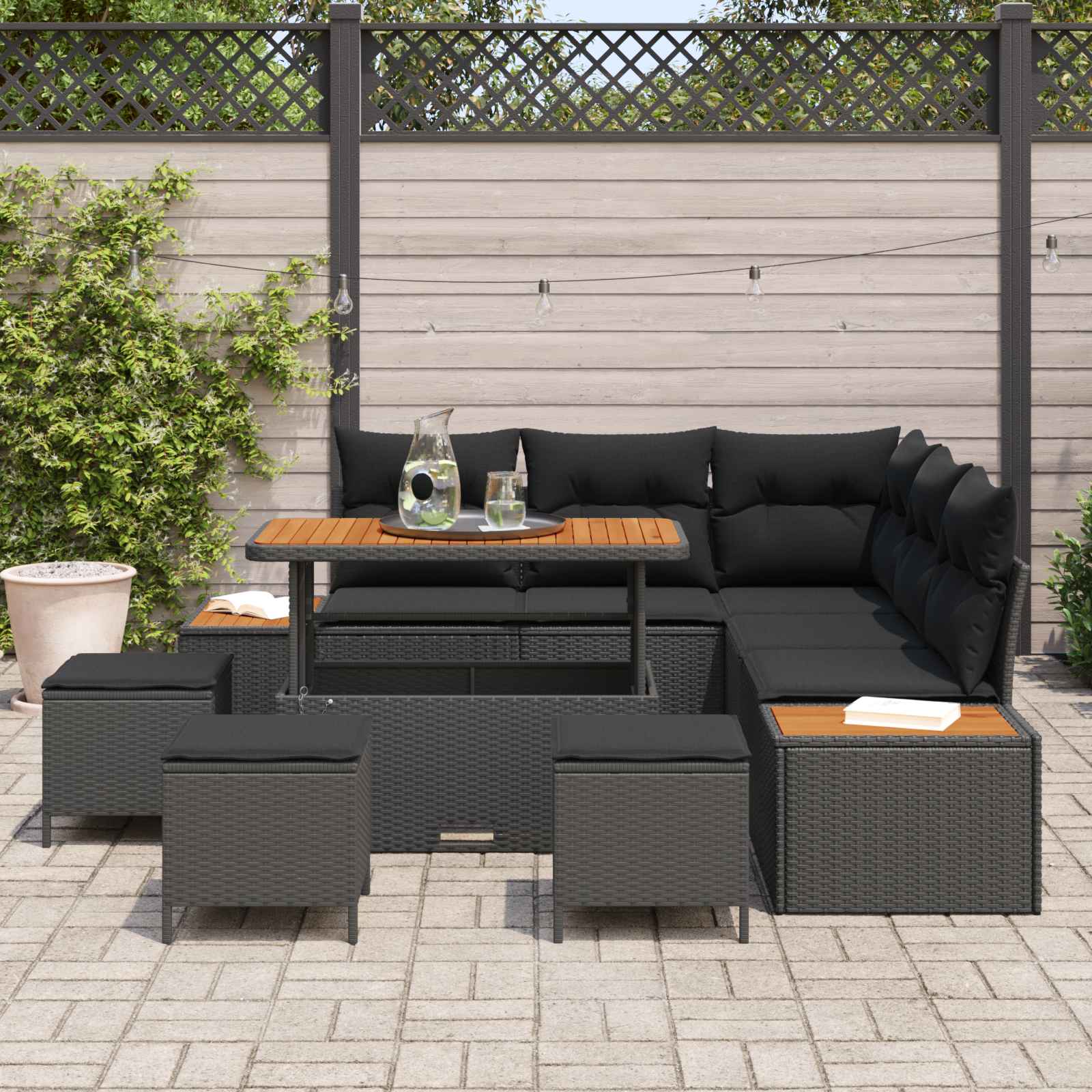 Sodo Sofų Rinkinys su pagalve 9 pcs Juoda Poli ratanas