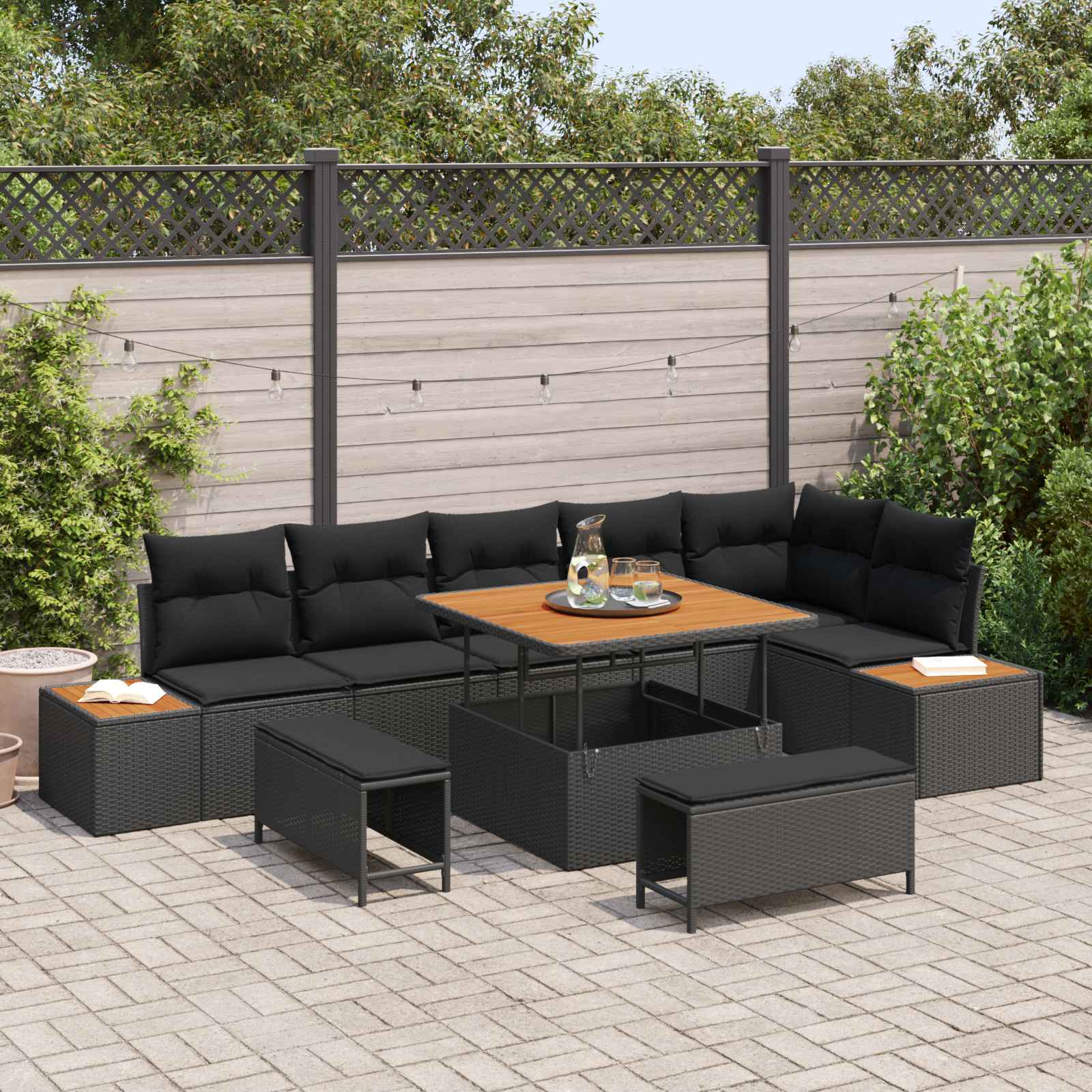 Garden Sofa Set with Cushion 9 pcs Black Poly Rattan