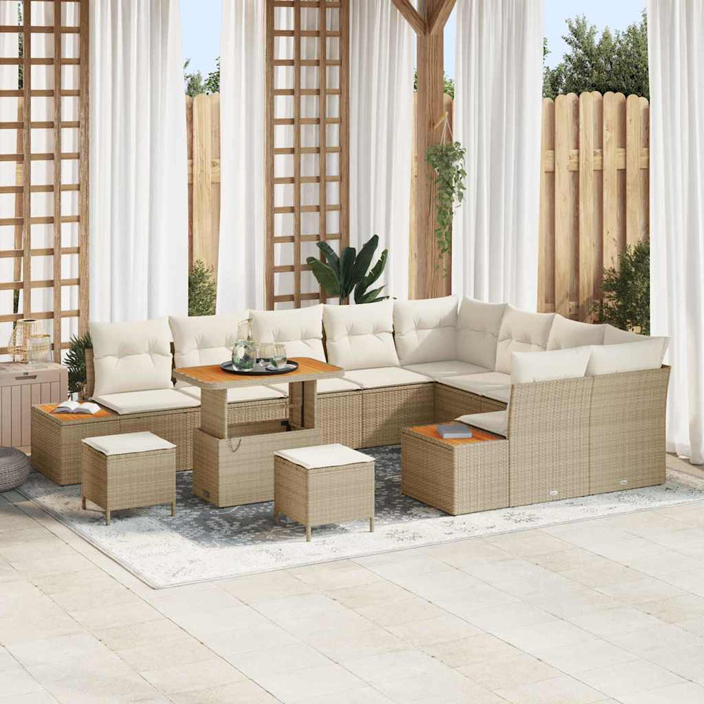 12 dalių sodo sofa komplektas su pagalvėlėmis, kreminė poli ratanas, akacijos
