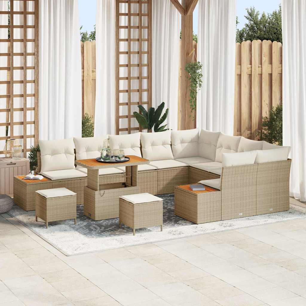12 dalių sodo sofa komplektas su pagalvėlėmis, kreminė poli ratanas, akacijos