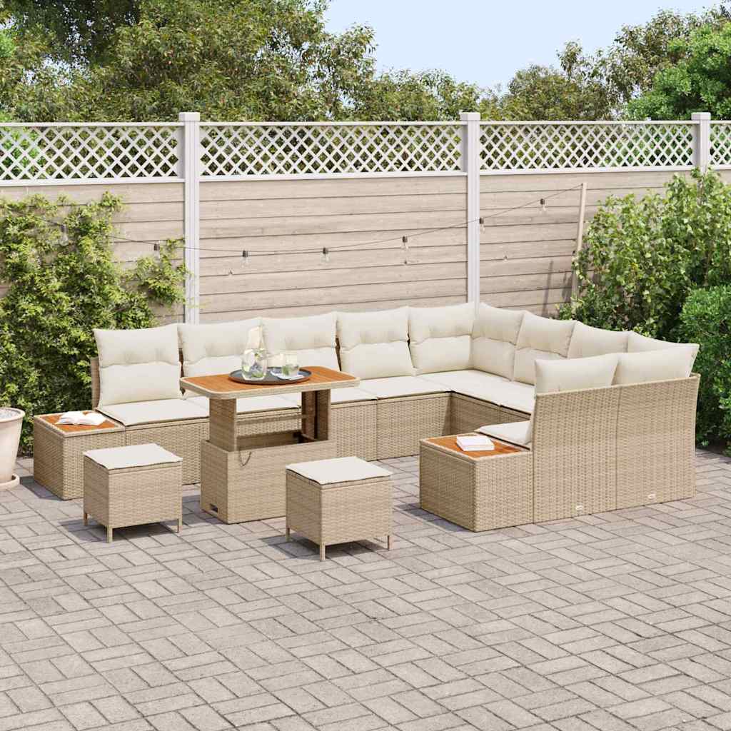 12 dalių sodo sofa komplektas su pagalvėlėmis, kreminė poli ratanas, akacijos