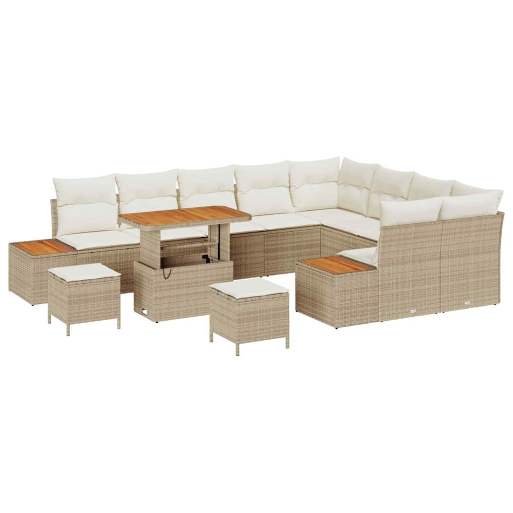 12 dalių sodo sofa komplektas su pagalvėlėmis, kreminė poli ratanas, akacijos