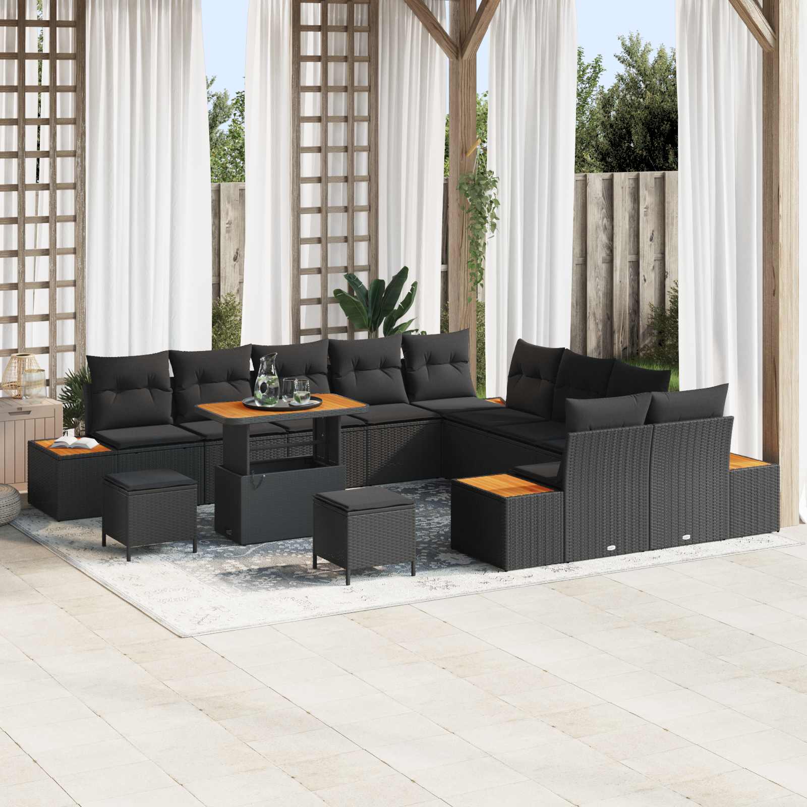 13-Piece Garden Sofa Set with Cushions Black Poly Rattan Acacia
