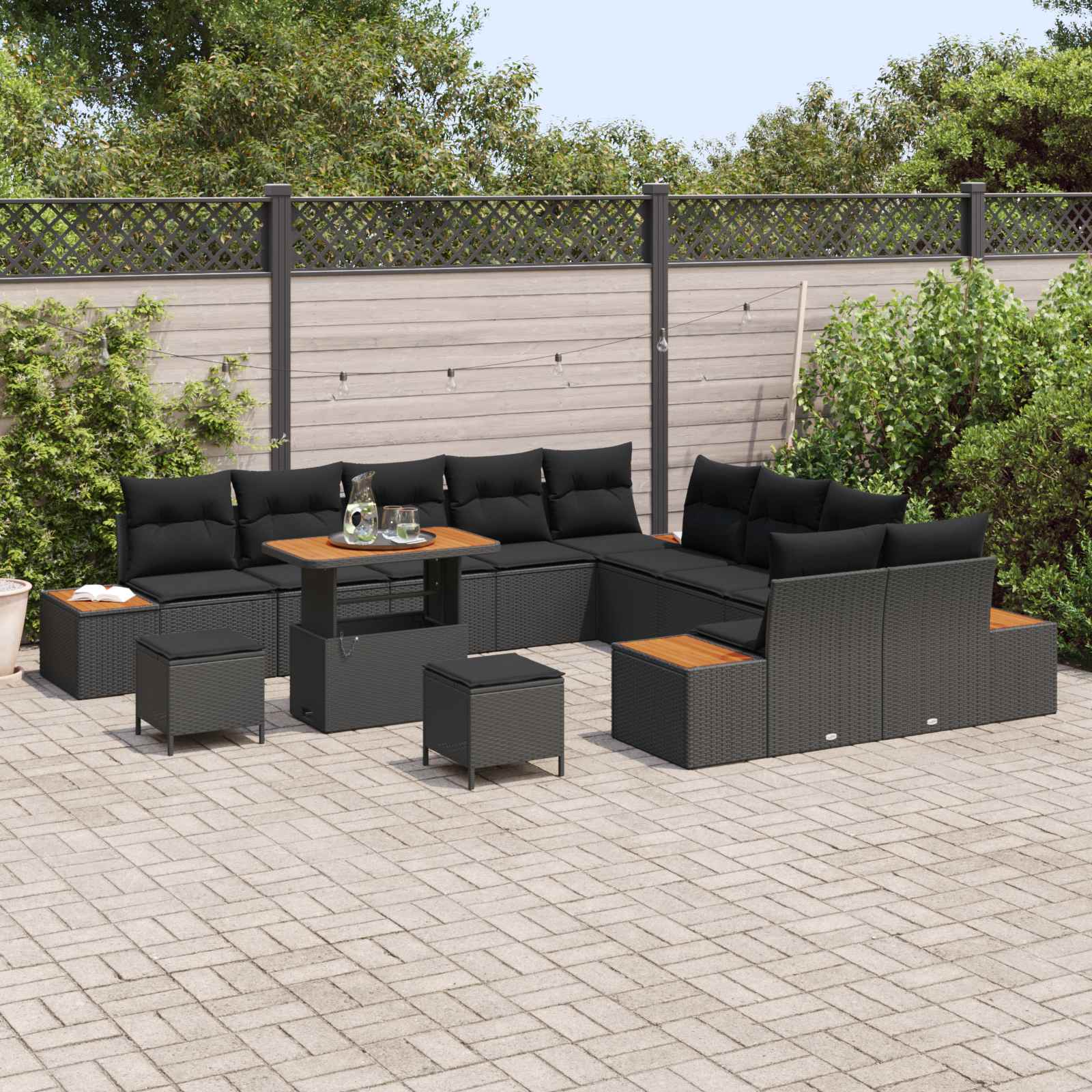13-Piece Garden Sofa Set with Cushions Black Poly Rattan Acacia