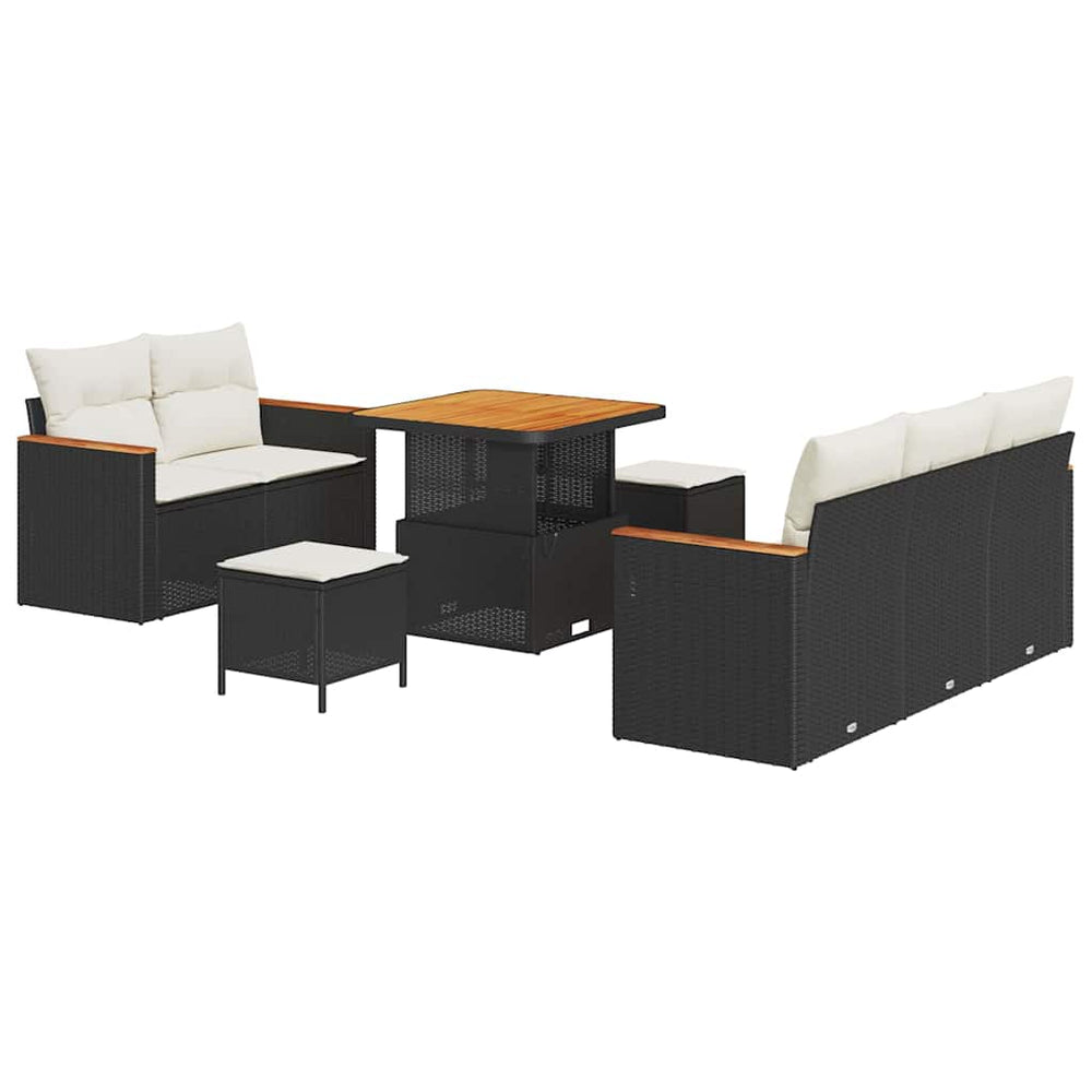 8 Piece Garden Sofa Set with Cushions Black Poly Rattan Acacia