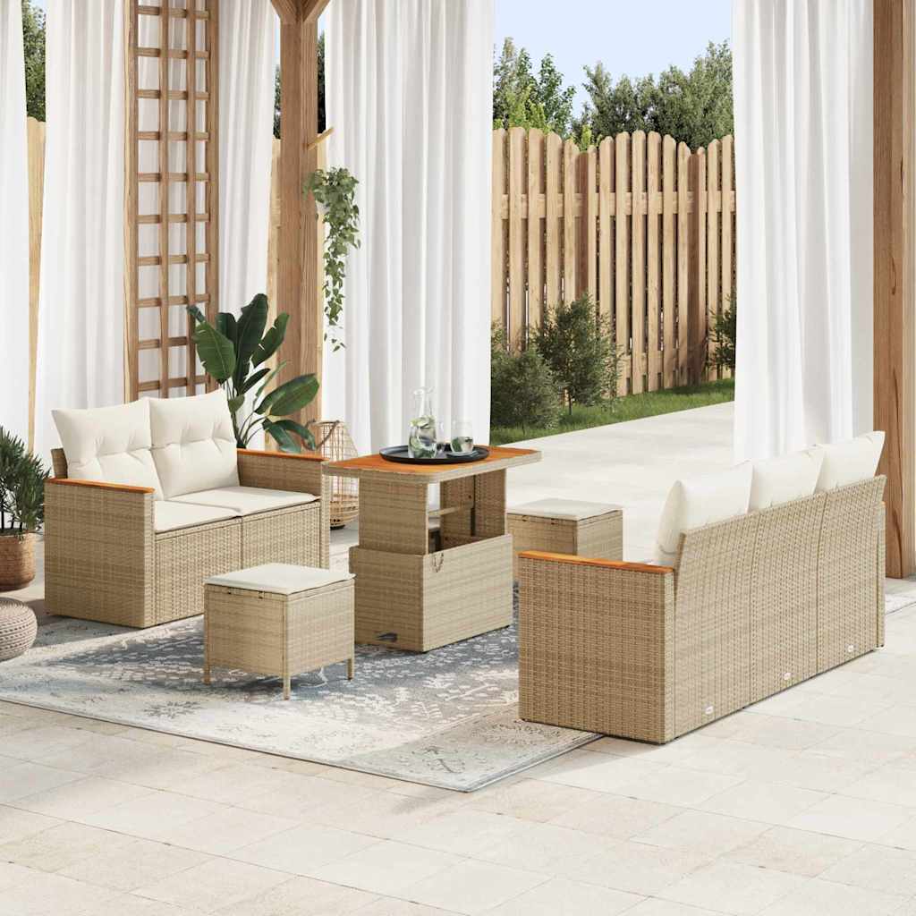 8 dalių sodo sofa komplektas su pagalvėlėmis Smėlio Poli Ratanas Akacija