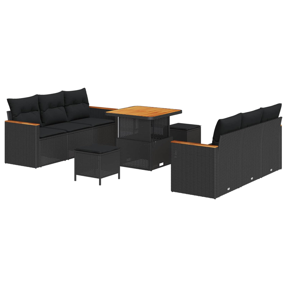 9 Piece Garden Sofa Set with Cushions Black Poly Rattan Acacia
