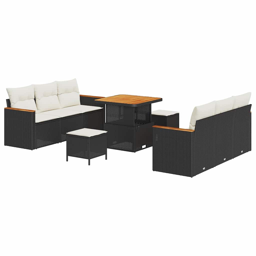 9 dalių sodo sofa komplektas su pagalvėmis juodo poli ratanas akacijos