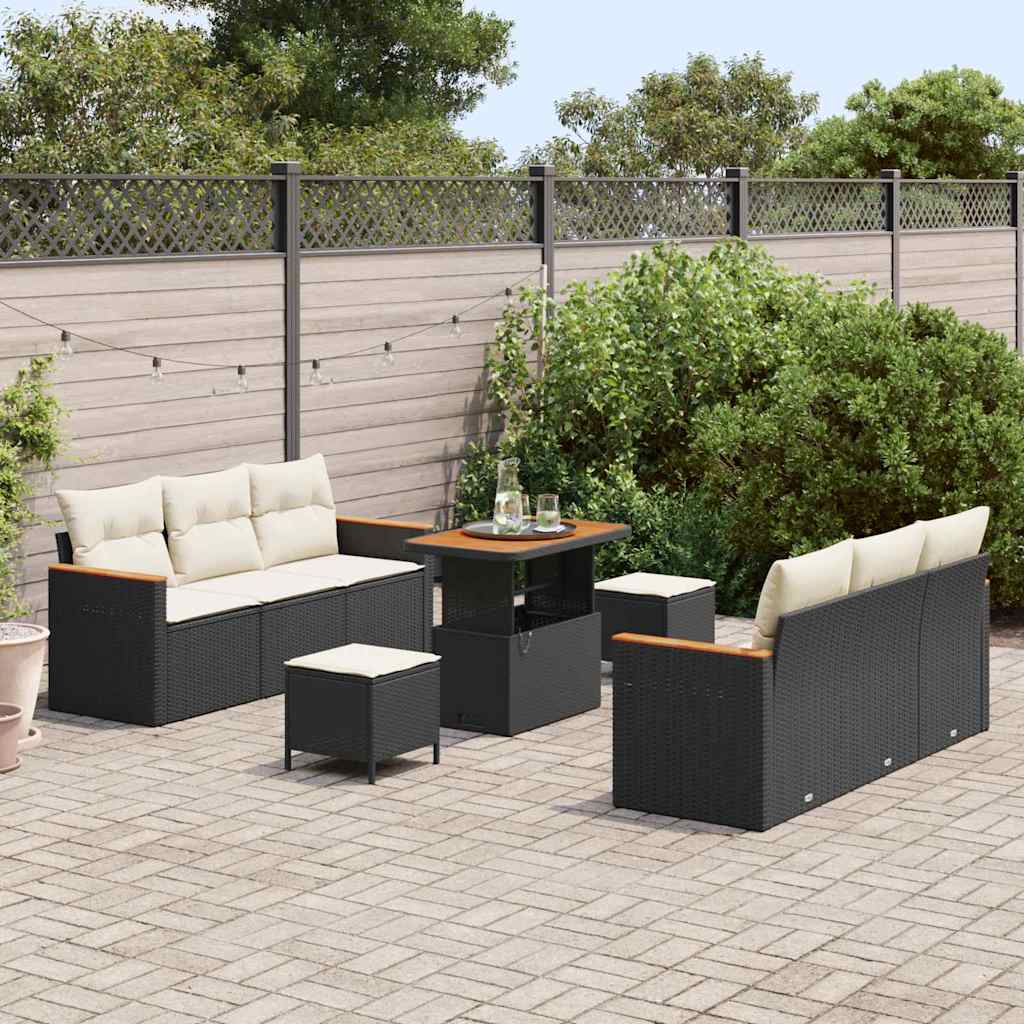 9 dalių sodo sofa rinkinys su pagalvėmis Juoda Poli Ratanas Akacija
