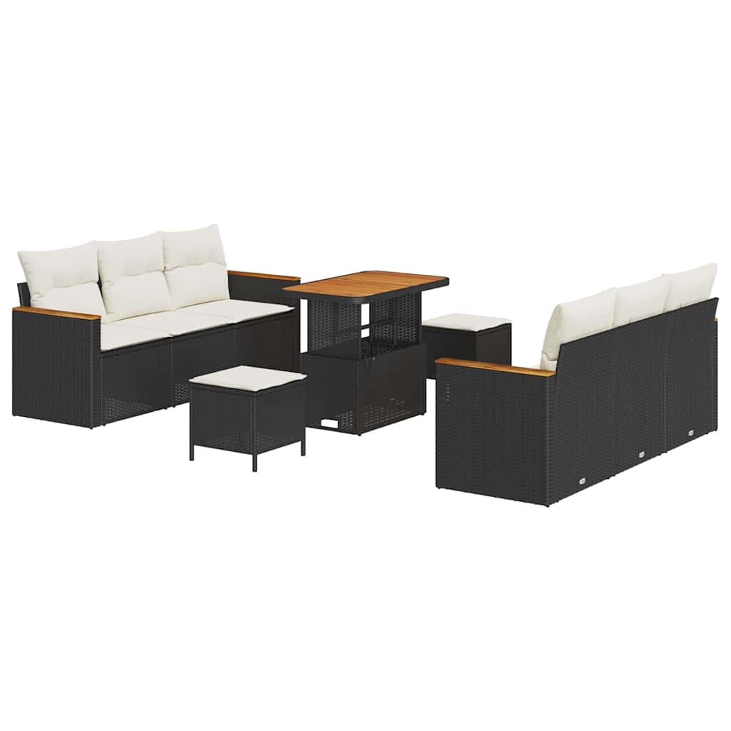 9 dalių sodo sofa rinkinys su pagalvėmis Juoda Poli Ratanas Akacija