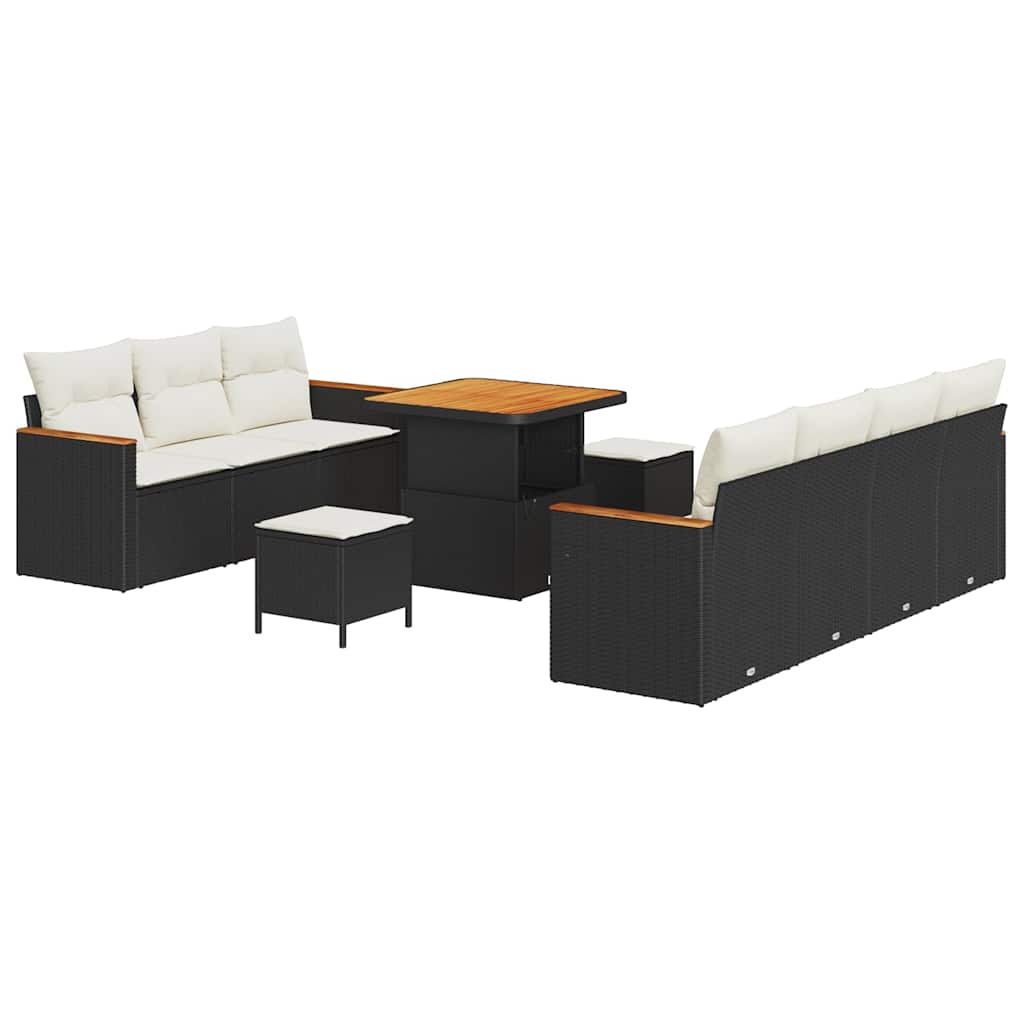 10 dalių sodo sofa rinkinys su pagalvėlėmis Juoda Poli Ratanas Akacija