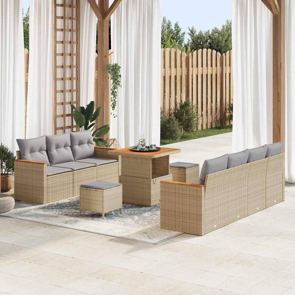 10 dalių sodo sofa rinkinys su pagalvėmis, smėlio, poli ratanas, akacijos