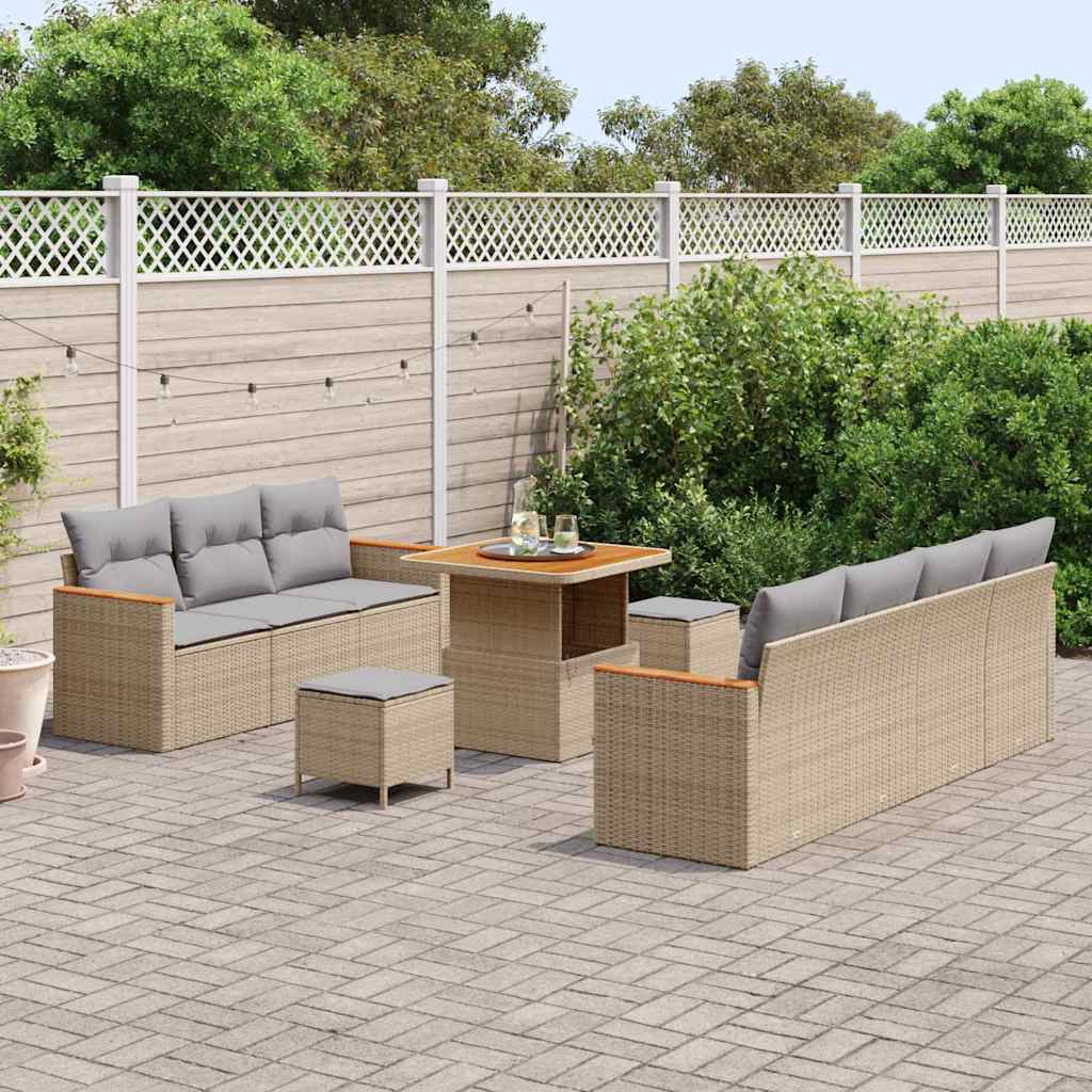10 dalių sodo sofa rinkinys su pagalvėmis, smėlio, poli ratanas, akacijos