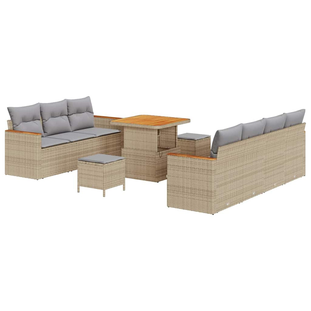 10 dalių sodo sofa rinkinys su pagalvėmis, smėlio, poli ratanas, akacijos