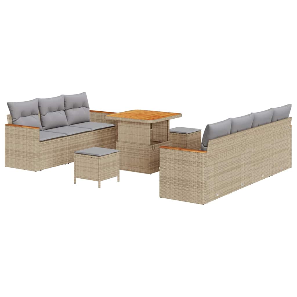 10 dalių sodo sofa rinkinys su pagalvėmis, smėlio, poli ratanas, akacijos