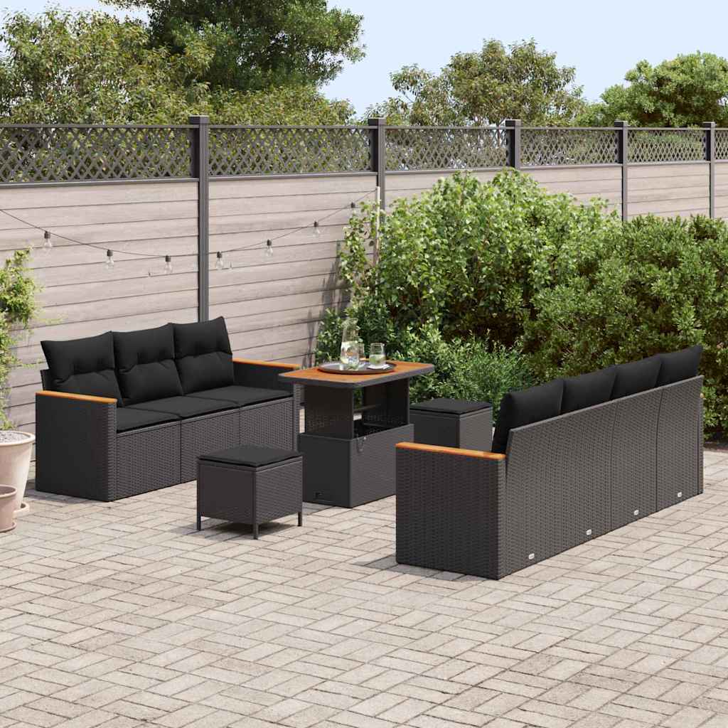 10 dalių sodo sofa rinkinys su pagalvėlėmis Juodas Poli Ratanas Akacija