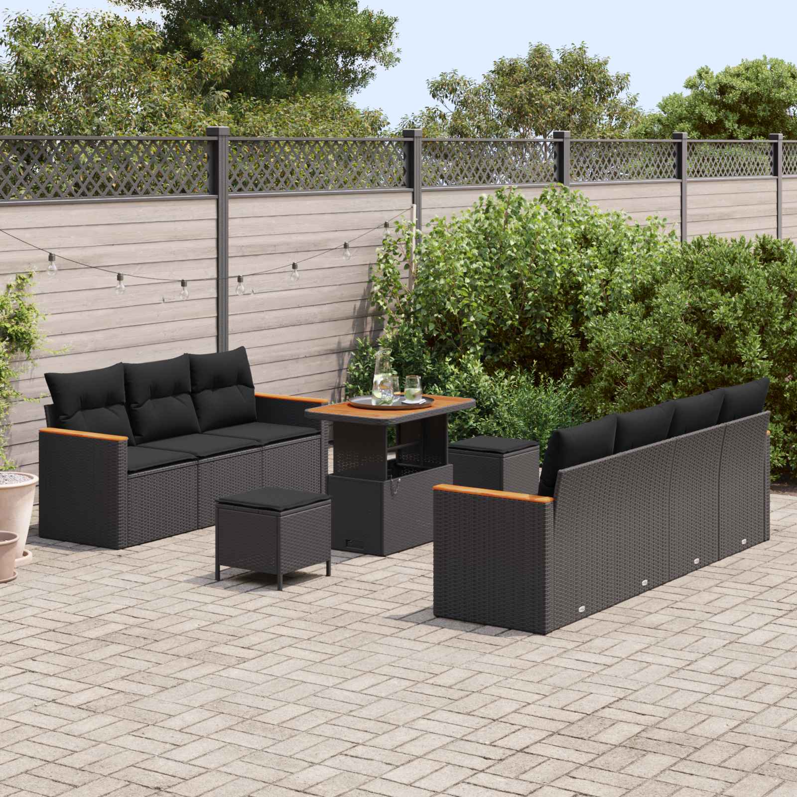 10 dalių sodo sofa rinkinys su pagalvėlėmis Juodas Poli Ratanas Akacija