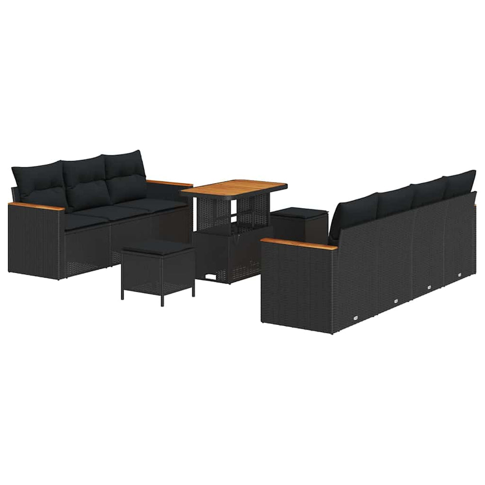 10 dalių sodo sofa rinkinys su pagalvėlėmis Juodas Poli Ratanas Akacija
