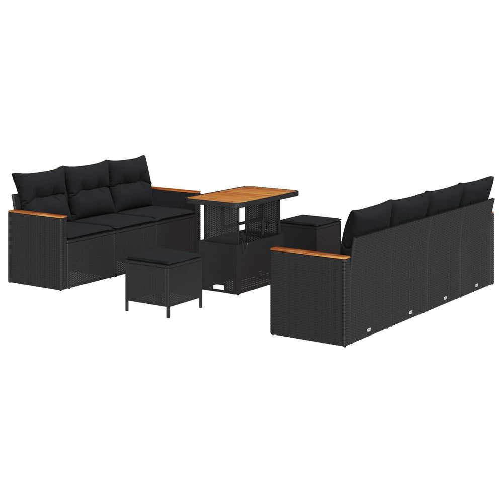 10-Piece Garden Sofa Set with Cushions Black Poly Rattan Acacia
