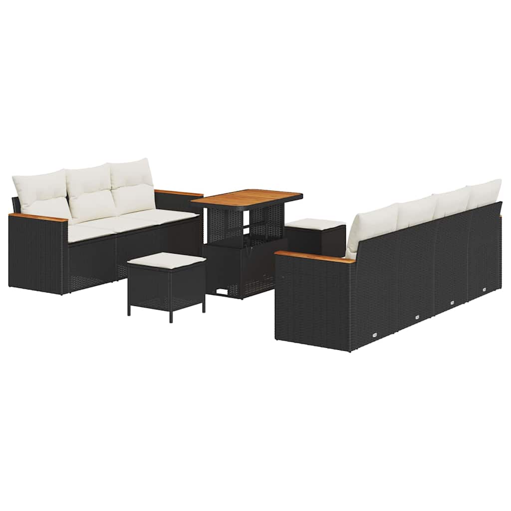 10 dalių sodo sofa komplektas su pagalvėmis Juoda Poli ratanas Akacija