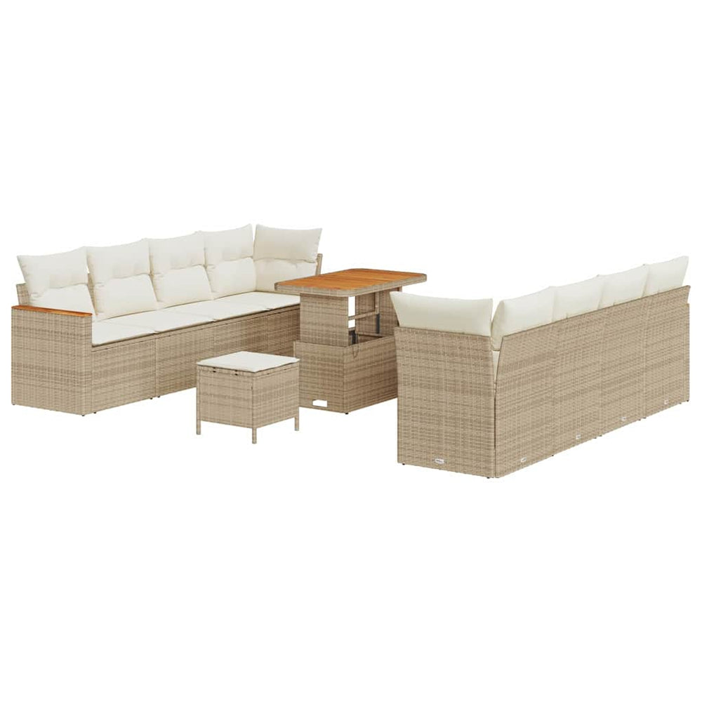 11-piece garden sofa set with cushions, cream poly rattan acacia