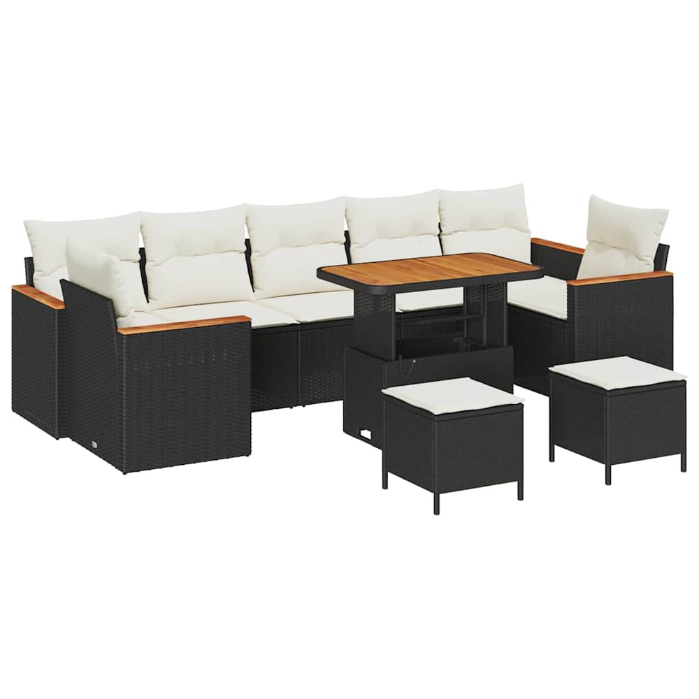 10-Piece Garden Sofa Set with Cushions Black Poly Rattan Acacia