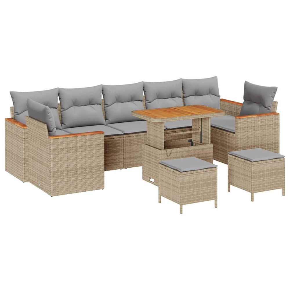 10-Piece Garden Sofa Set with Cushions Beige Poly Rattan Acacia
