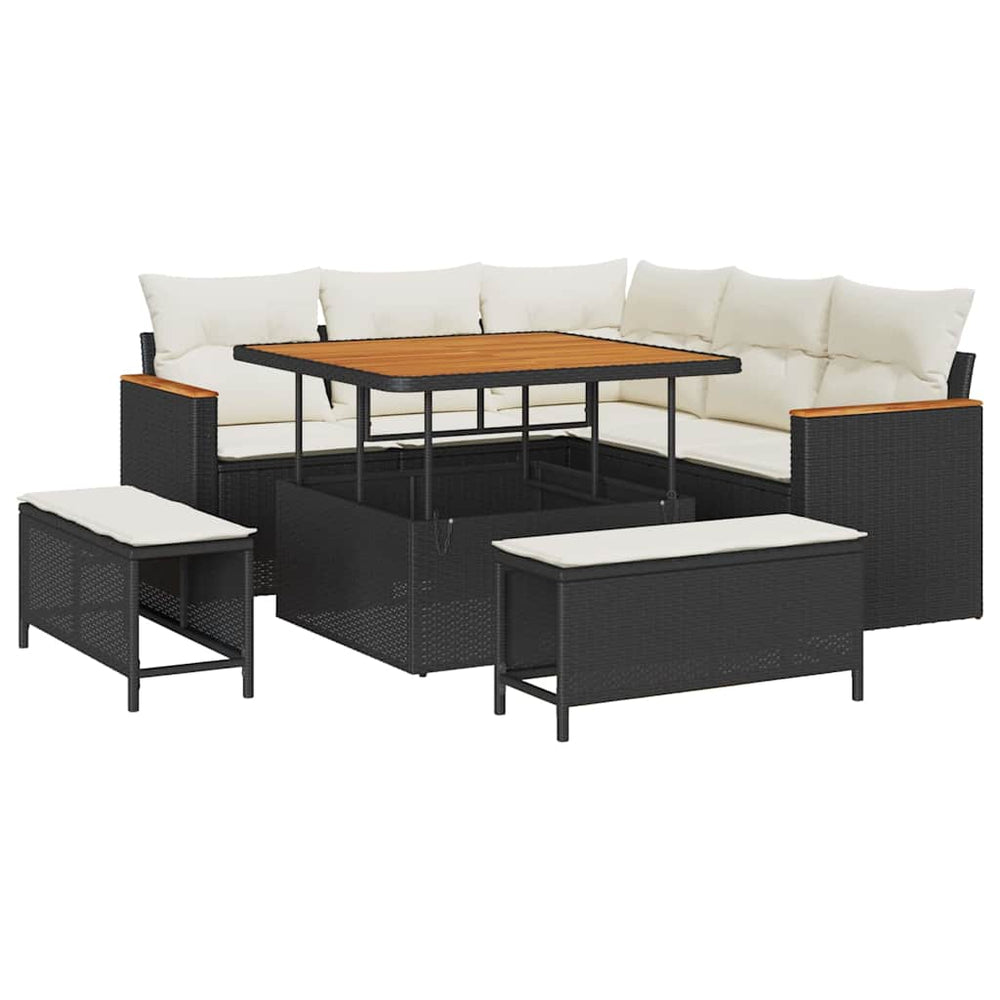 8-piece garden sofa set with cushions black poly rattan acacia